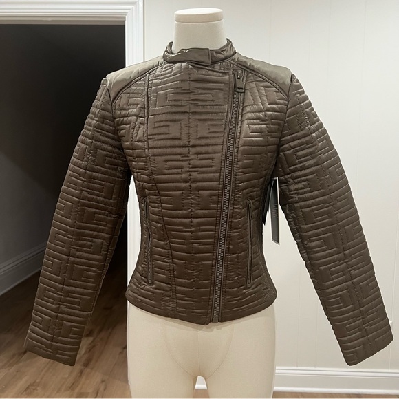 GUESS Quilted Metallic Satin Moto Jacket Desert Green Cropped XS - Picture 9 of 17